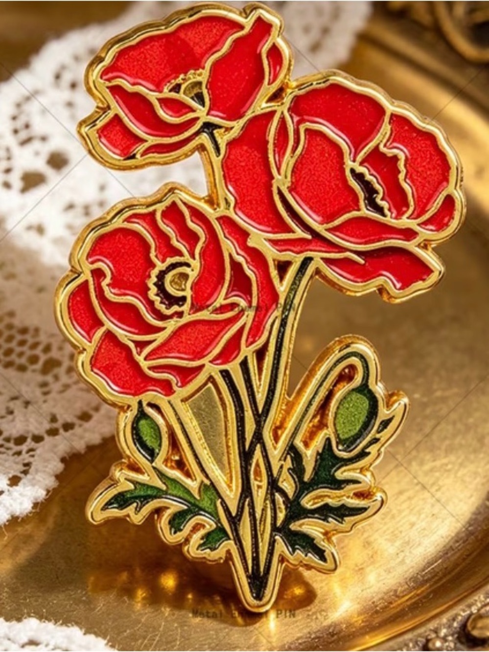 Red Poppy Bouquet Enamel Pin Brooch - Gold Trim